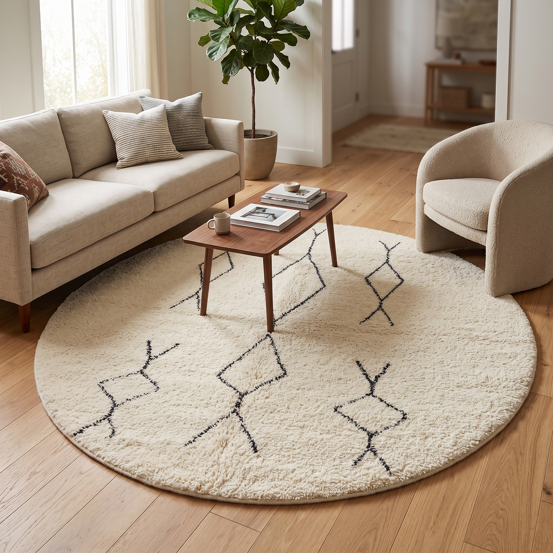 White Moroccan wool rug with black Berber diamond motifs in a round Beni Ourain style.