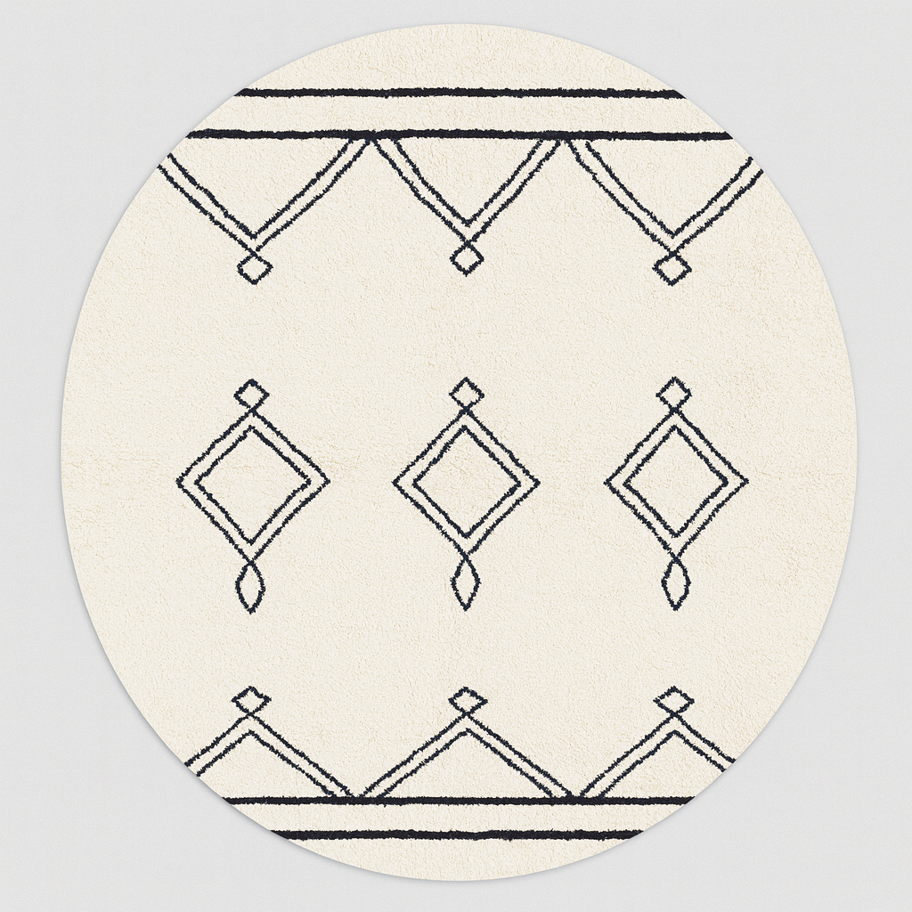 Round white Moroccan wool rug with black Berber diamond motifs in a minimalist design.