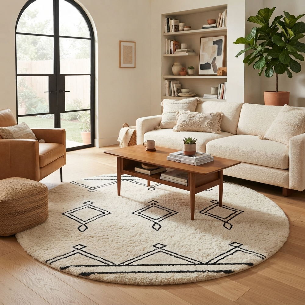 Round white Moroccan wool rug with black Berber diamond motifs in a minimalist design.