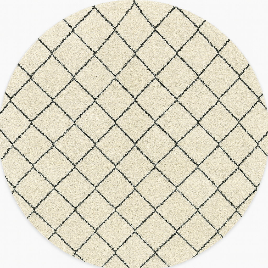 White round Moroccan wool rug with black diamond line pattern.