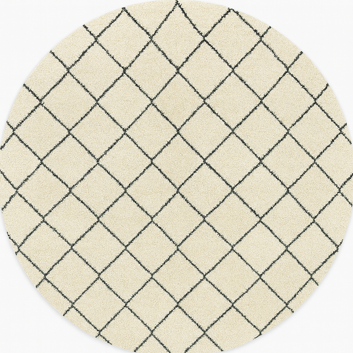 White round Moroccan wool rug with black diamond line pattern.
