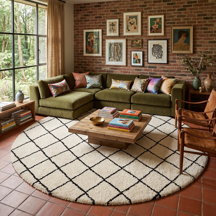 White round Moroccan wool rug with black diamond line pattern.