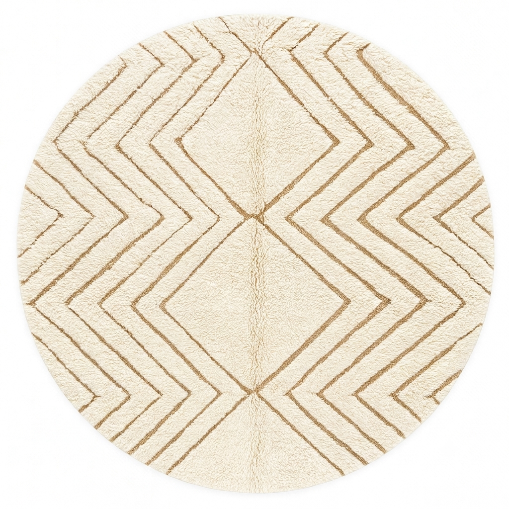 Round white Moroccan wool rug with carved geometric diamond and chevron patterns.