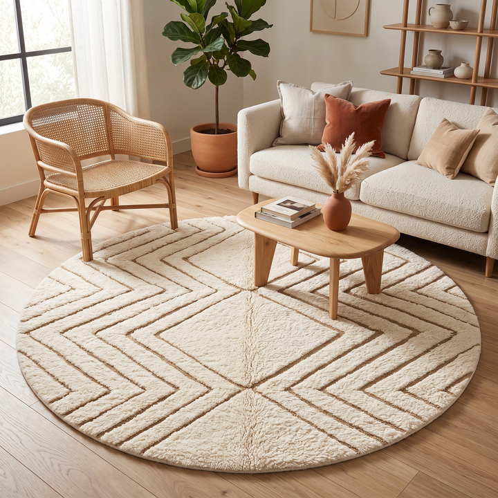 Round white Moroccan wool rug with carved geometric diamond and chevron patterns.