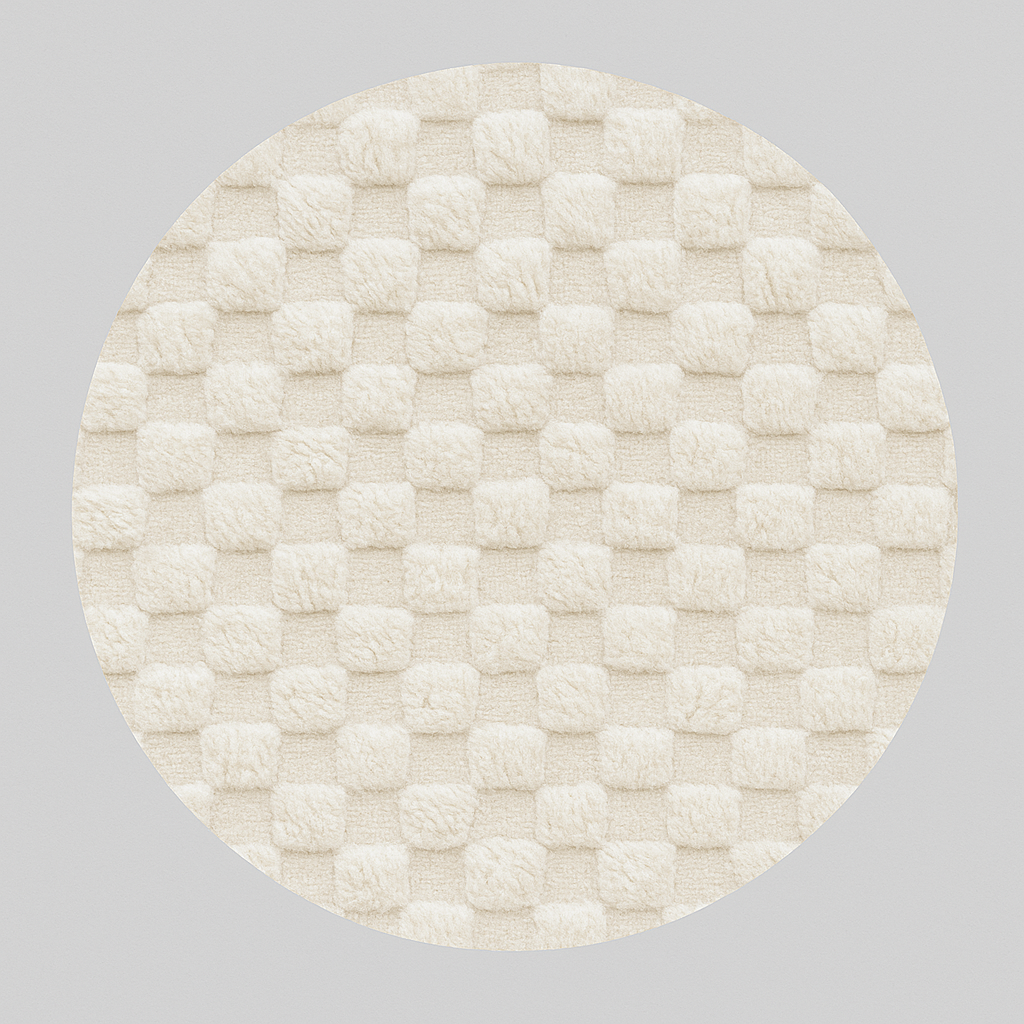 Round white Moroccan wool rug with raised checkered 3D texture.