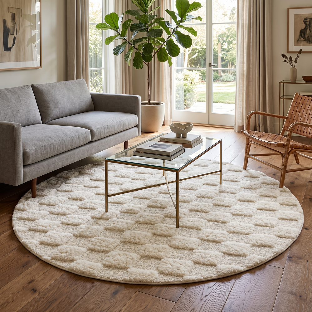 Round white Moroccan wool rug with raised checkered 3D texture.