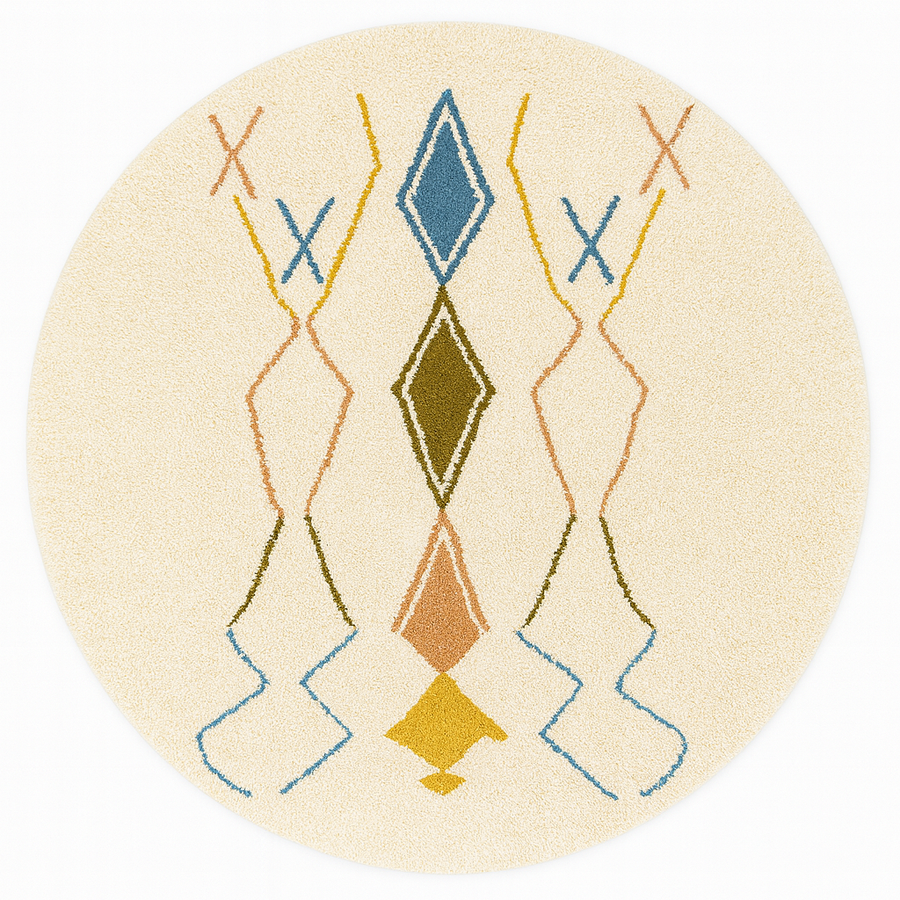 White round Moroccan wool rug with colorful Berber diamond and line motifs.
