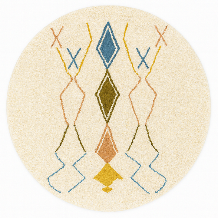 White round Moroccan wool rug with colorful Berber diamond and line motifs.