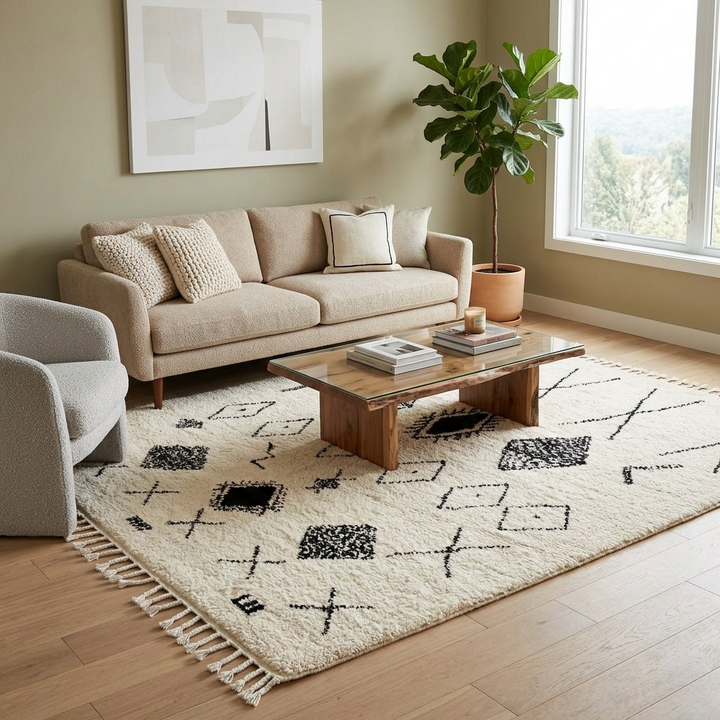 Handmade black and white Moroccan wool rug – modern Berber design