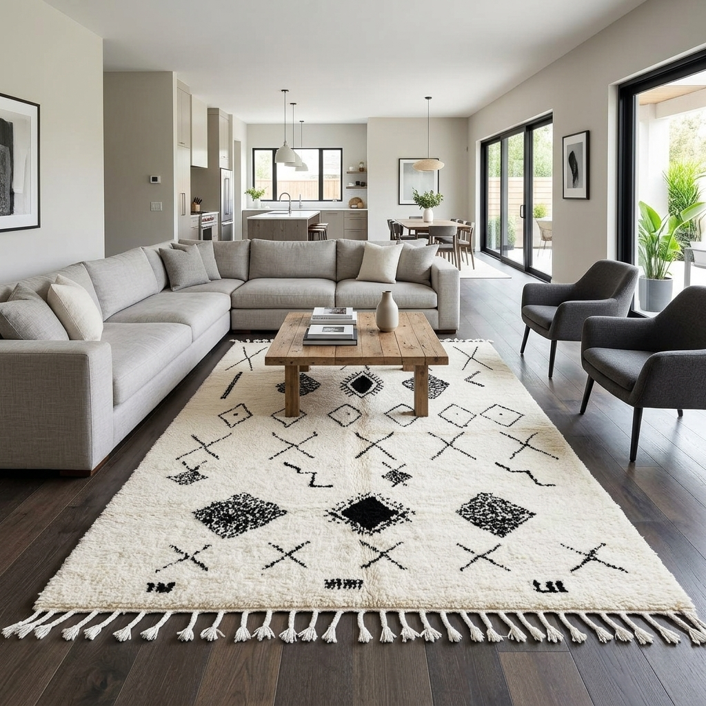 Handmade black and white Moroccan wool rug – modern Berber design