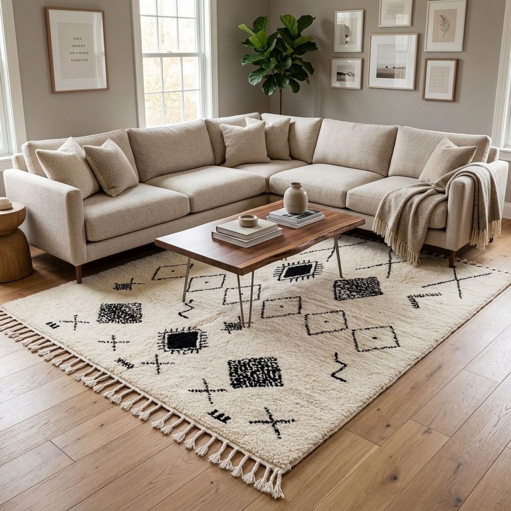 Handmade black and white Moroccan wool rug – modern Berber design