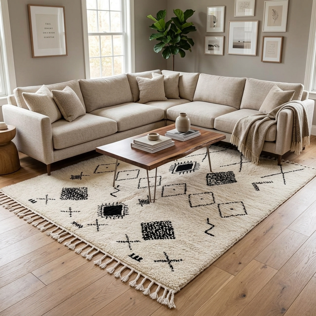 Handmade black and white Moroccan wool rug – modern Berber design