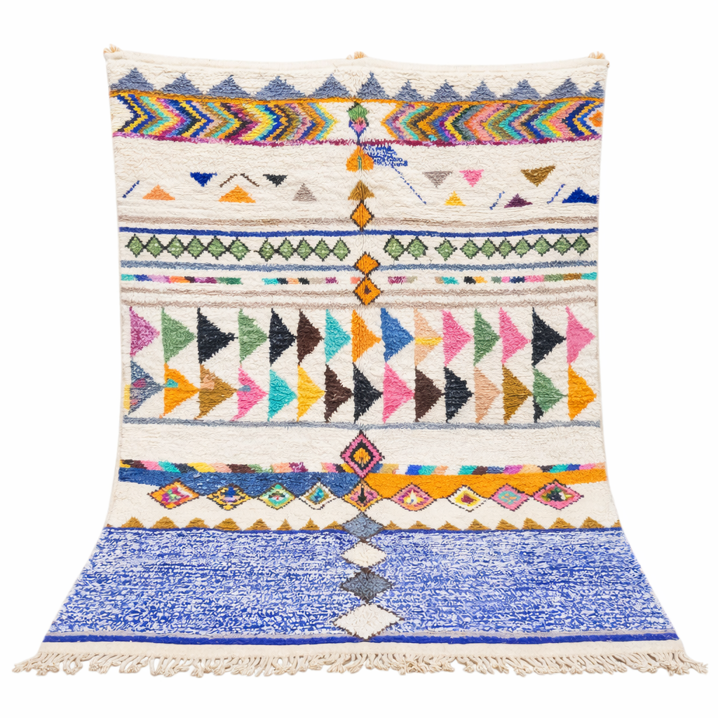 ivory and blue handmade moroccan berber rug with geometric tribal patterns in wool