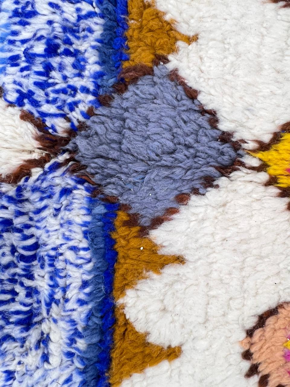 ivory and blue handmade moroccan berber rug with geometric tribal patterns in wool