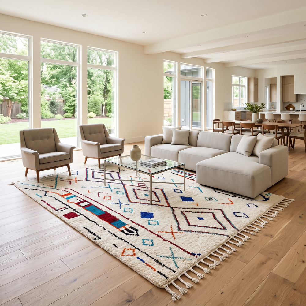 Handmade white Moroccan wool rug with blue, red, and orange geometric motifs – Berber design