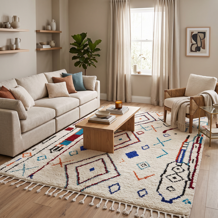 Handmade white Moroccan wool rug with blue, red, and orange geometric motifs – Berber design