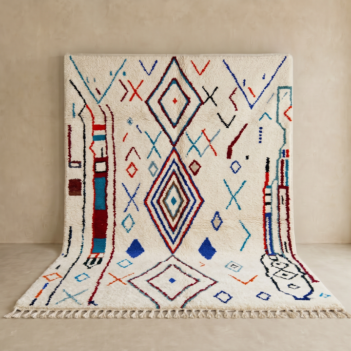 Handmade white Moroccan wool rug with blue, red, and orange geometric motifs – Berber design