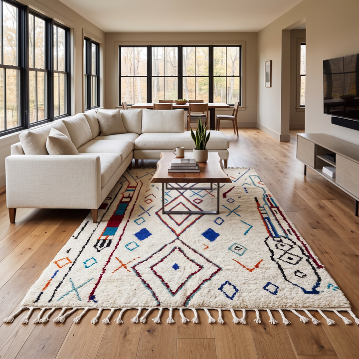 Handmade white Moroccan wool rug with blue, red, and orange geometric motifs – Berber design