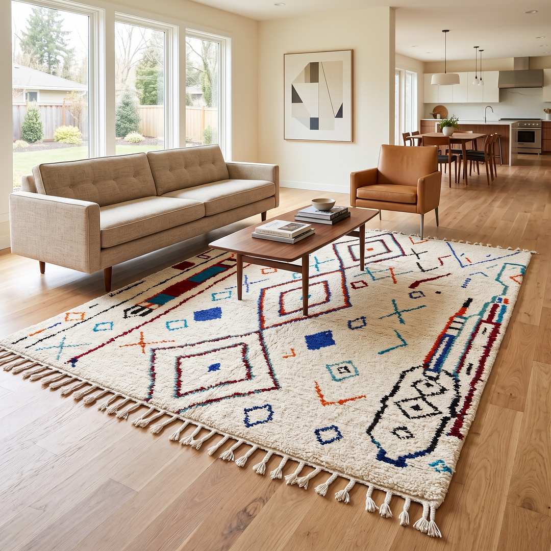 Handmade white Moroccan wool rug with blue, red, and orange geometric motifs – Berber design