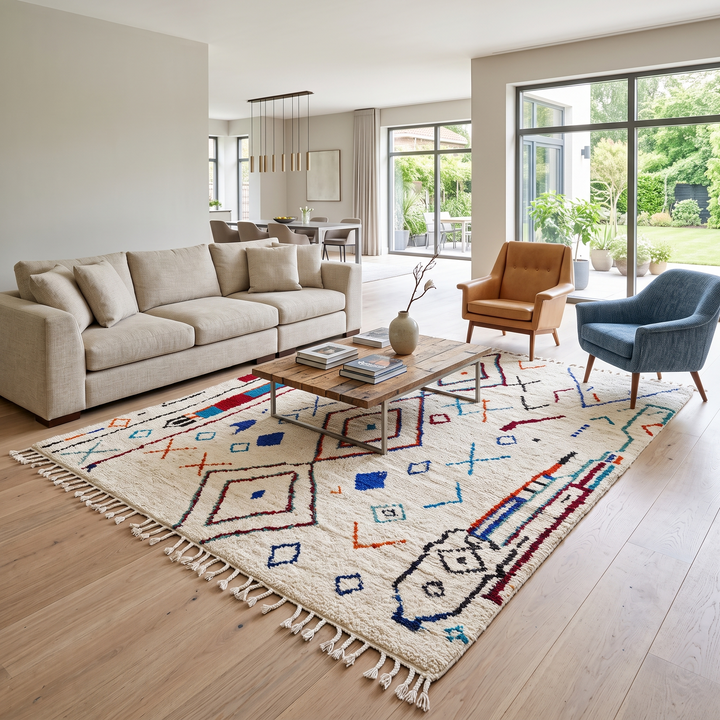 Handmade white Moroccan wool rug with blue, red, and orange geometric motifs – Berber design