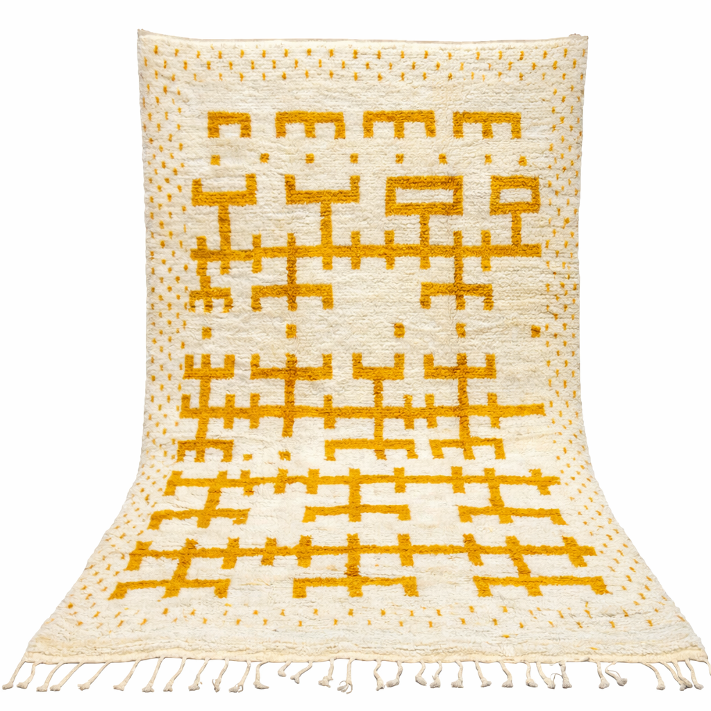 white moroccan wool rug with yellow berber geometric symbols handmade