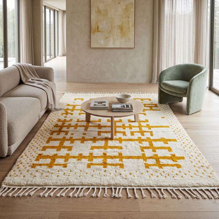 white moroccan wool rug with yellow berber geometric symbols handmade
