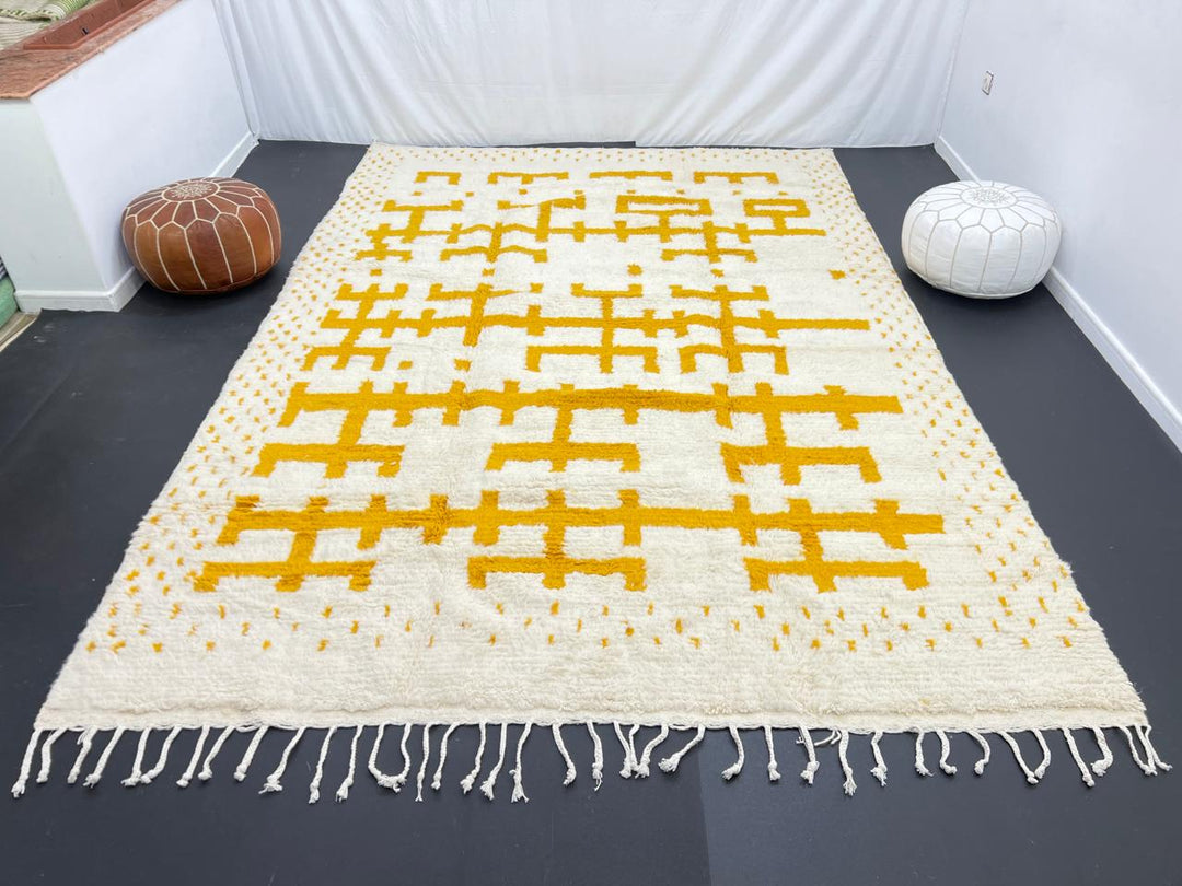 white moroccan wool rug with yellow berber geometric symbols handmade