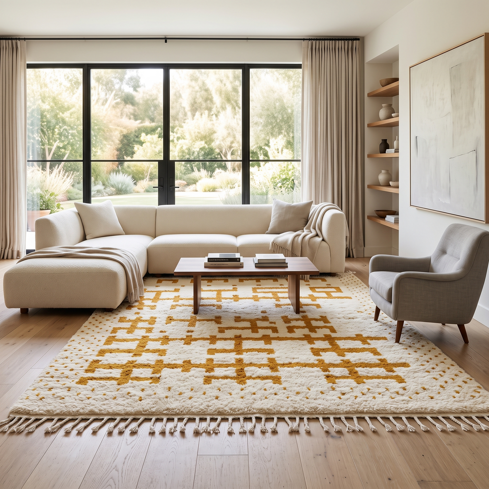 white moroccan wool rug with yellow berber geometric symbols handmade
