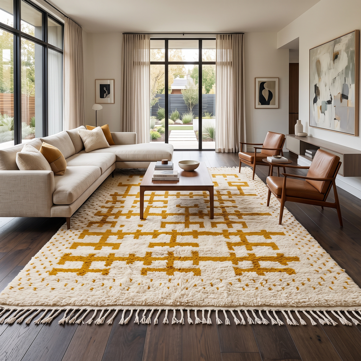 white moroccan wool rug with yellow berber geometric symbols handmade
