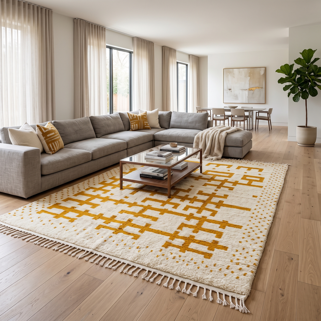 white moroccan wool rug with yellow berber geometric symbols handmade

