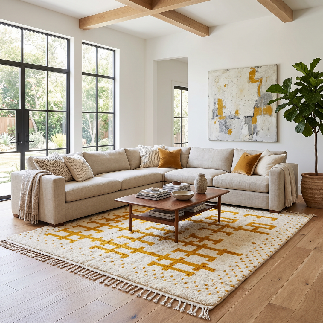 white moroccan wool rug with yellow berber geometric symbols handmade
