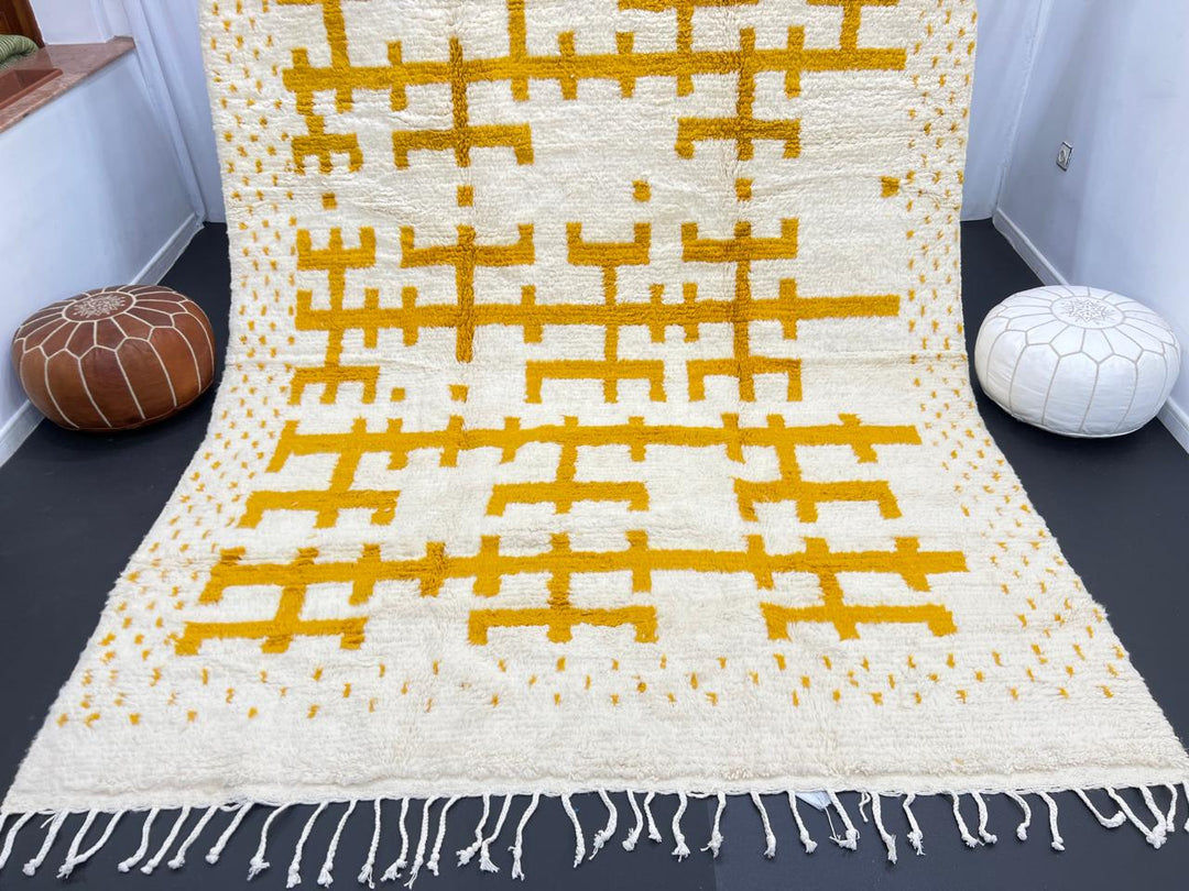 white moroccan wool rug with yellow berber geometric symbols handmade