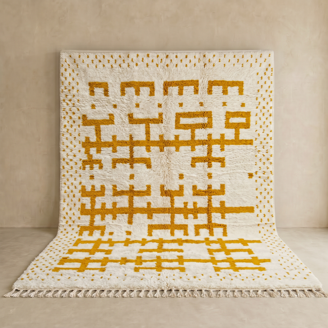 white moroccan wool rug with yellow berber geometric symbols handmade
