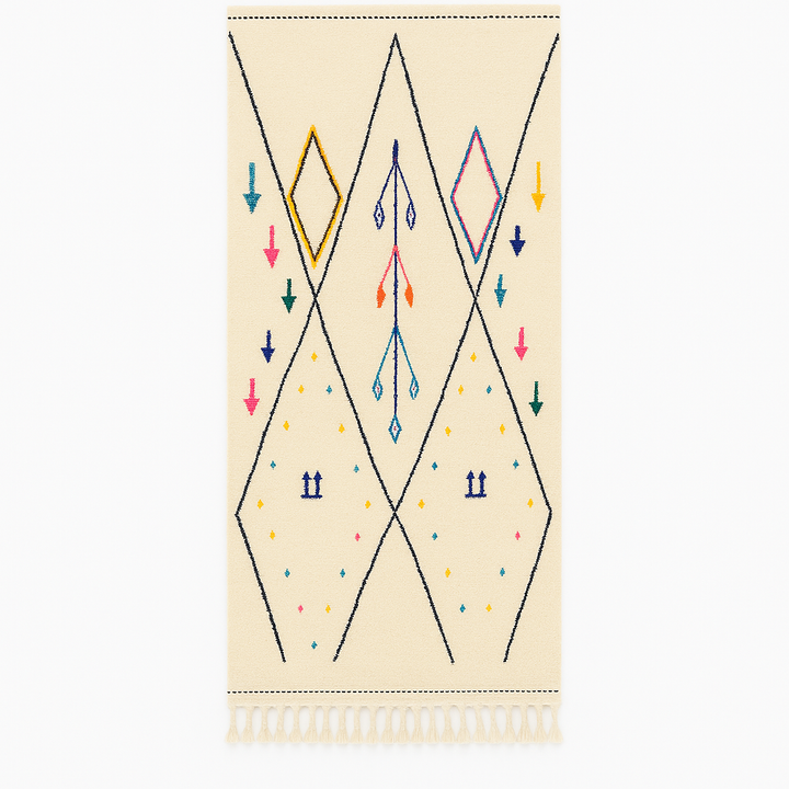 Handmade white Moroccan wool runner rug with minimalist Berber motifs, colorful diamonds, arrows, and geometric tribal symbols