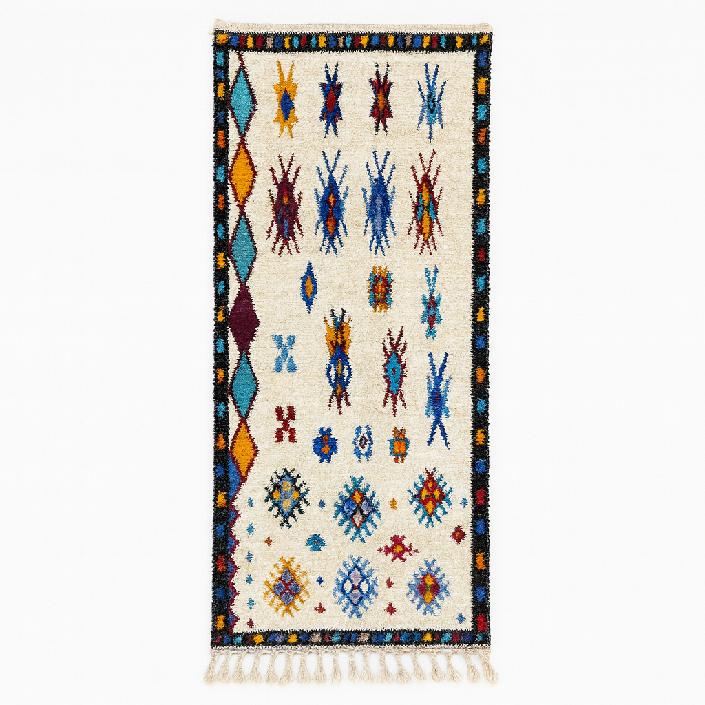 Handmade white Moroccan wool runner rug with colorful tribal Berber motifs in blue, red, yellow, turquoise, and orange