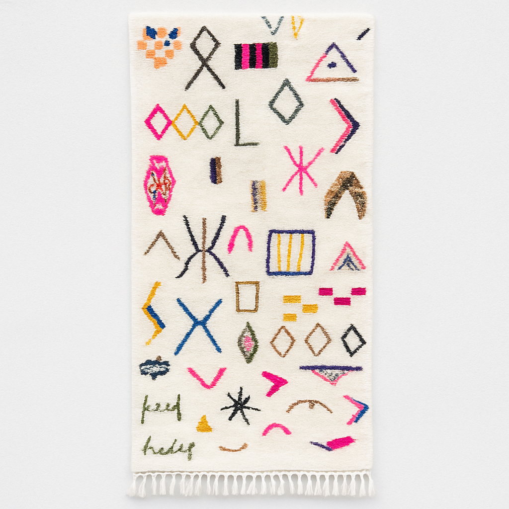 Handmade white Moroccan wool runner rug with colorful Berber symbols and modern geometric motifs