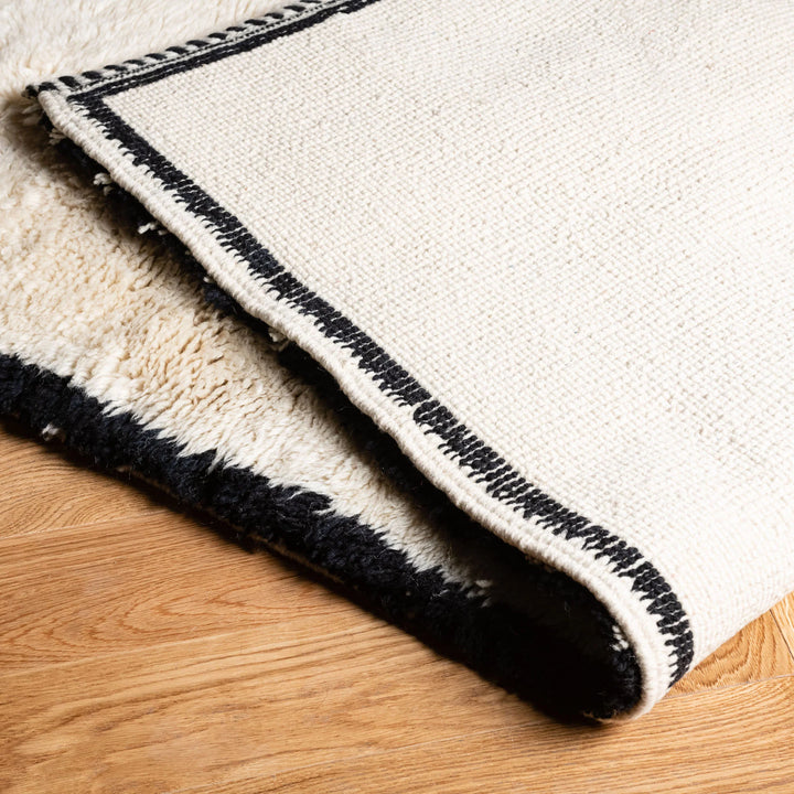 White Moroccan Wool Runner with Black Border – Handmade