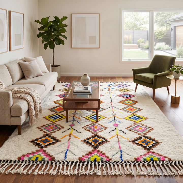 Handmade white Moroccan wool rug with colorful diamond motifs – Azilal Berber design