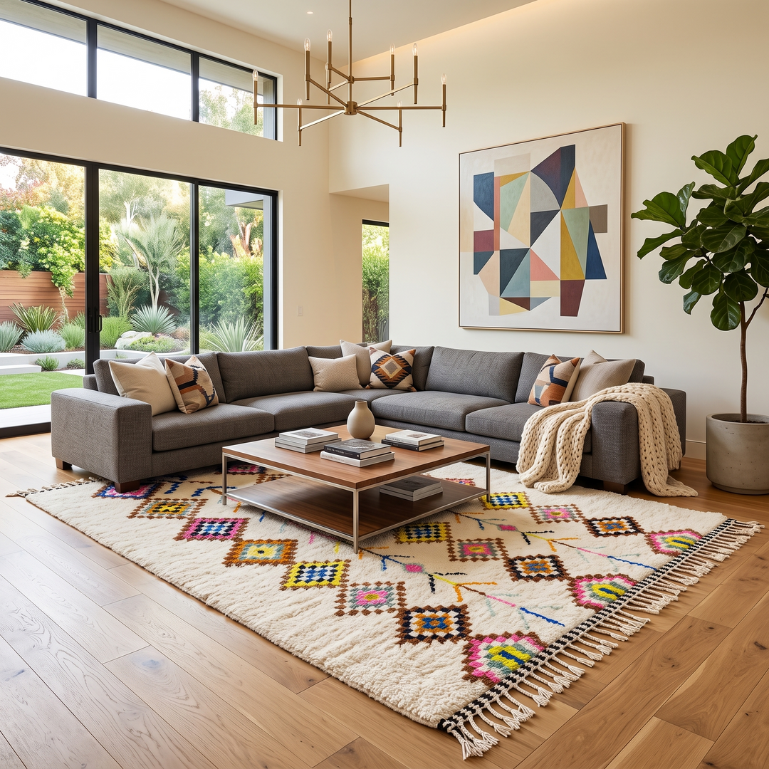 Handmade white Moroccan wool rug with colorful diamond motifs – Azilal Berber design