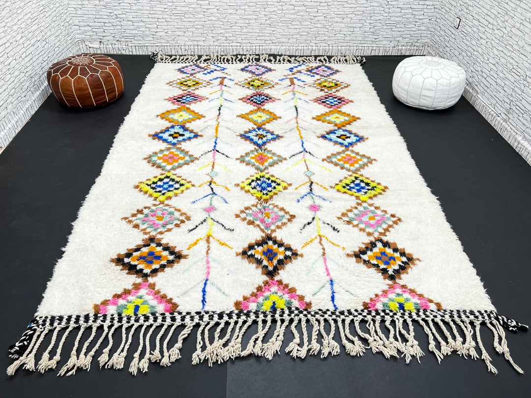 Handmade white Moroccan wool rug with colorful diamond motifs – Azilal Berber design