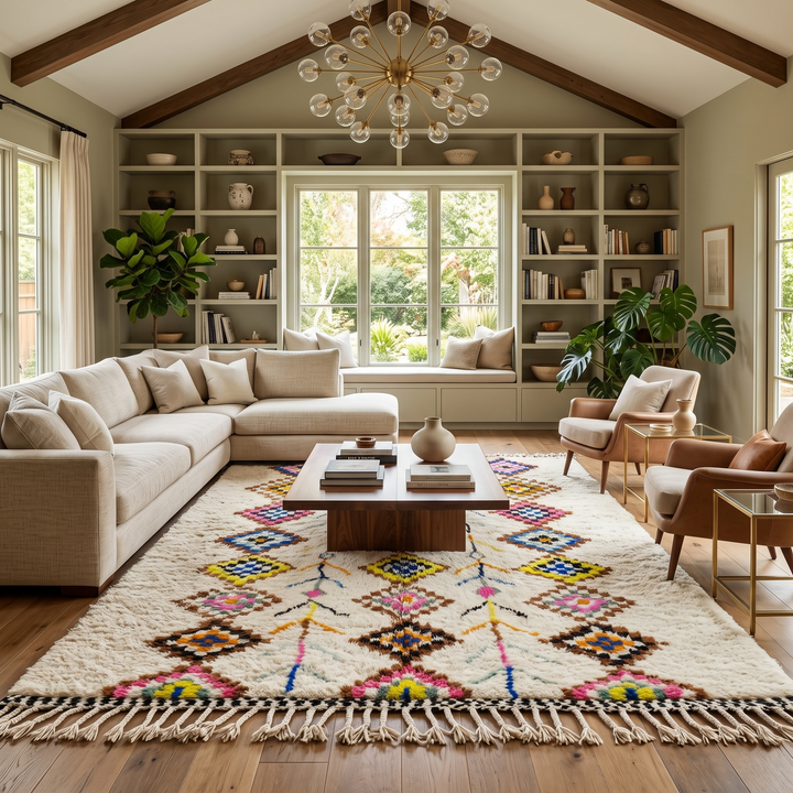 Handmade white Moroccan wool rug with colorful diamond motifs – Azilal Berber design