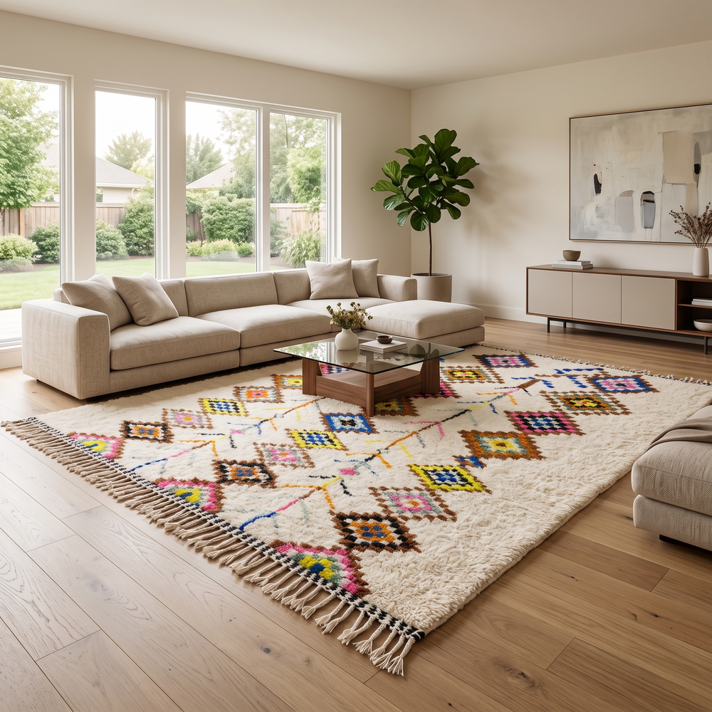 Handmade white Moroccan wool rug with colorful diamond motifs – Azilal Berber design