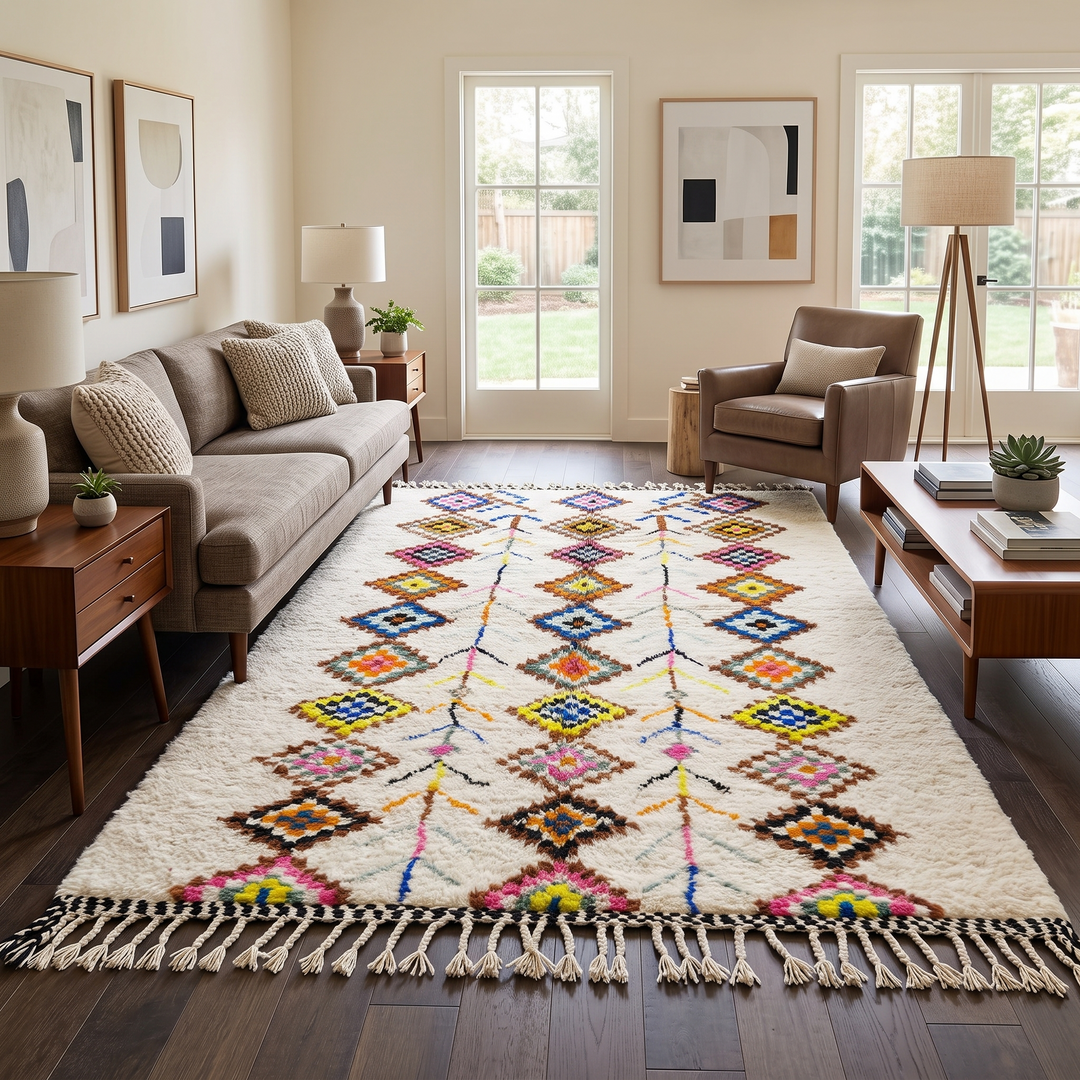 Handmade white Moroccan wool rug with colorful diamond motifs – Azilal Berber design