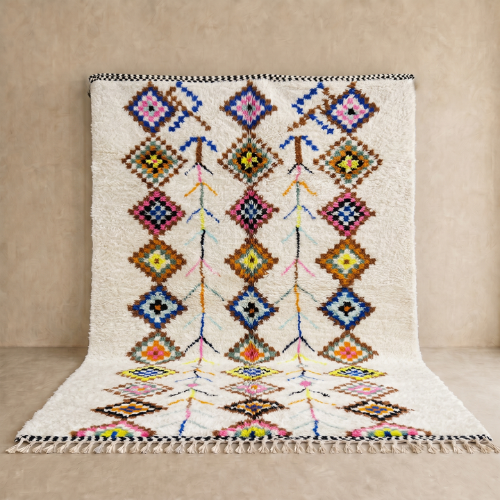 Handmade white Moroccan wool rug with colorful diamond motifs – Azilal Berber design