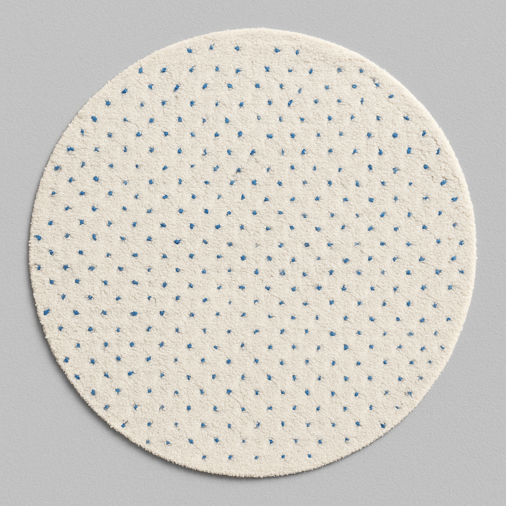 Round white Moroccan rug with small blue dotted pattern, handmade wool design