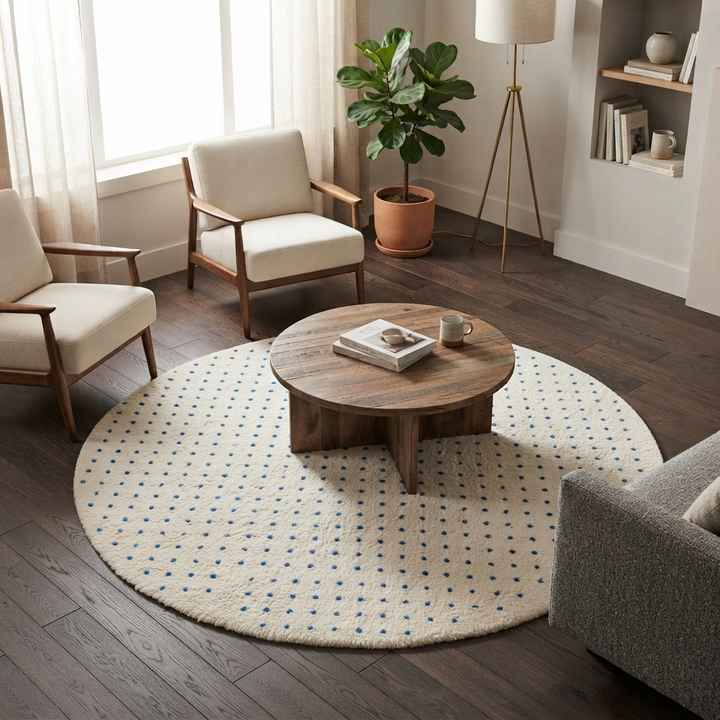 Round white Moroccan rug with small blue dotted pattern, handmade wool design