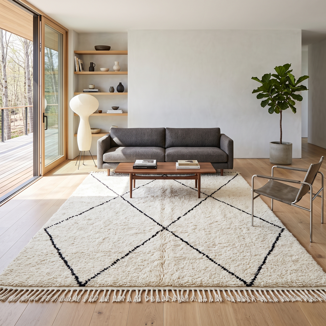 Handmade white Moroccan Beni Ourain wool rug with black diamond lines – Berber shag carpet
