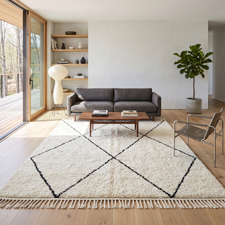 Handmade white Moroccan Beni Ourain wool rug with black diamond lines – Berber shag carpet
