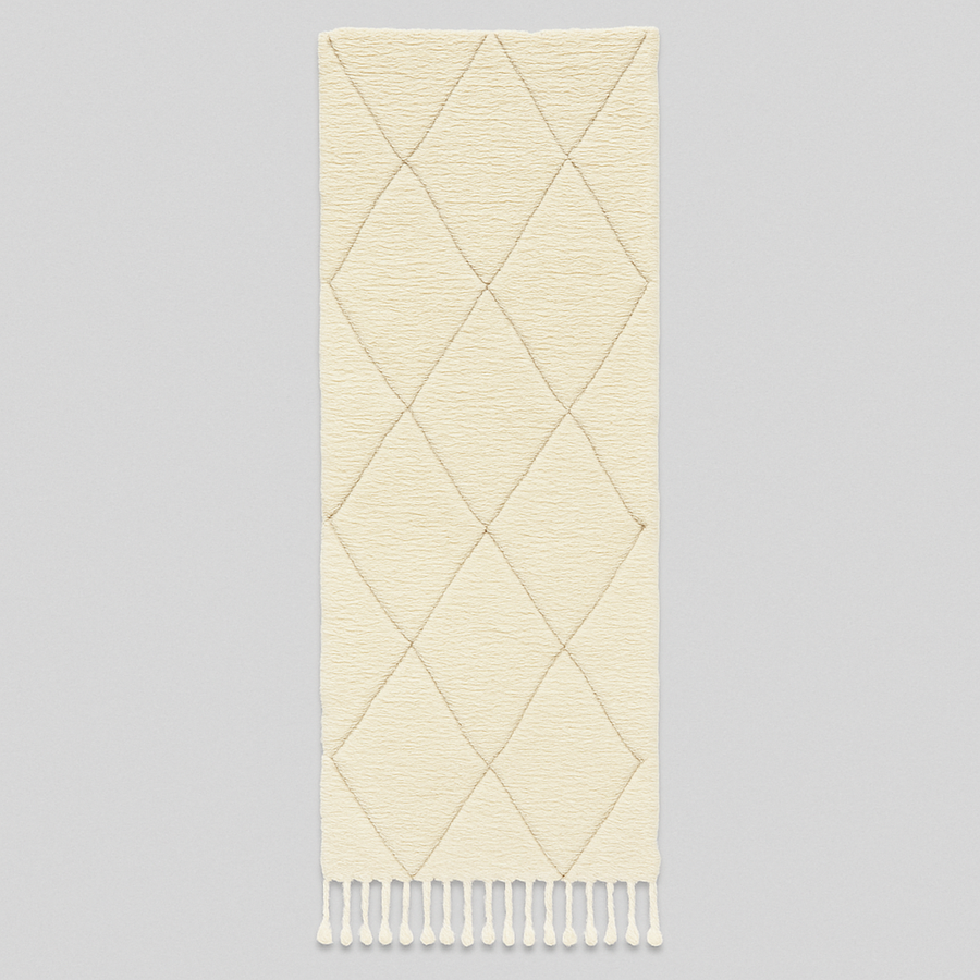 Handmade white Moroccan wool runner rug with subtle diamond Berber pattern