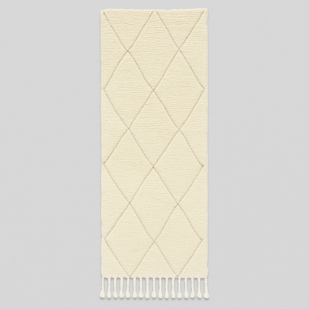 Handmade white Moroccan wool runner rug with subtle diamond Berber pattern